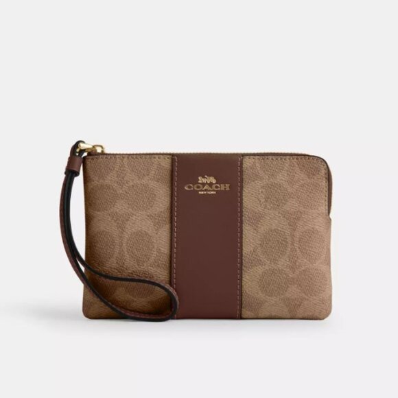 Coach Corner Zip Wristlet In Signature Canvas With Stripe - Picture 1 of 4